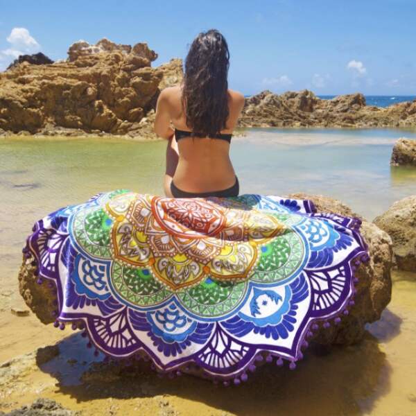 Fringed round beach towel with Pantone matched dye sublimation print sample
