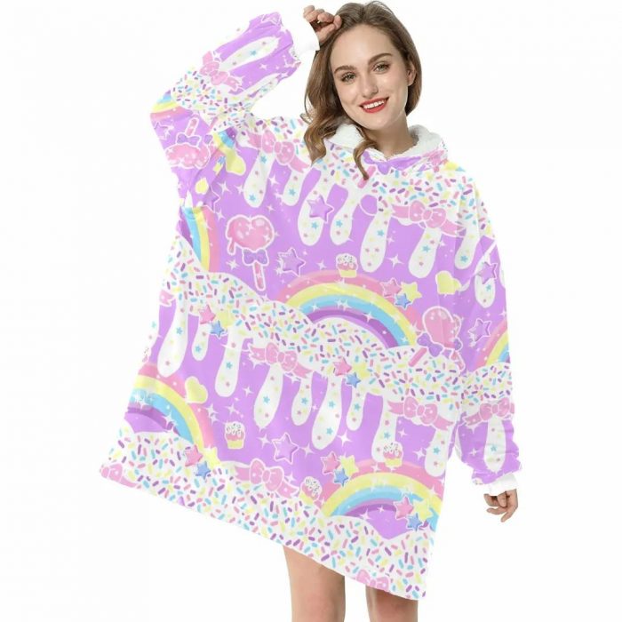 Oversized Women's Hooded Blanket Print Pattern Winter Fleece Blanket Sleeves Pullover Women's Sweatshirt