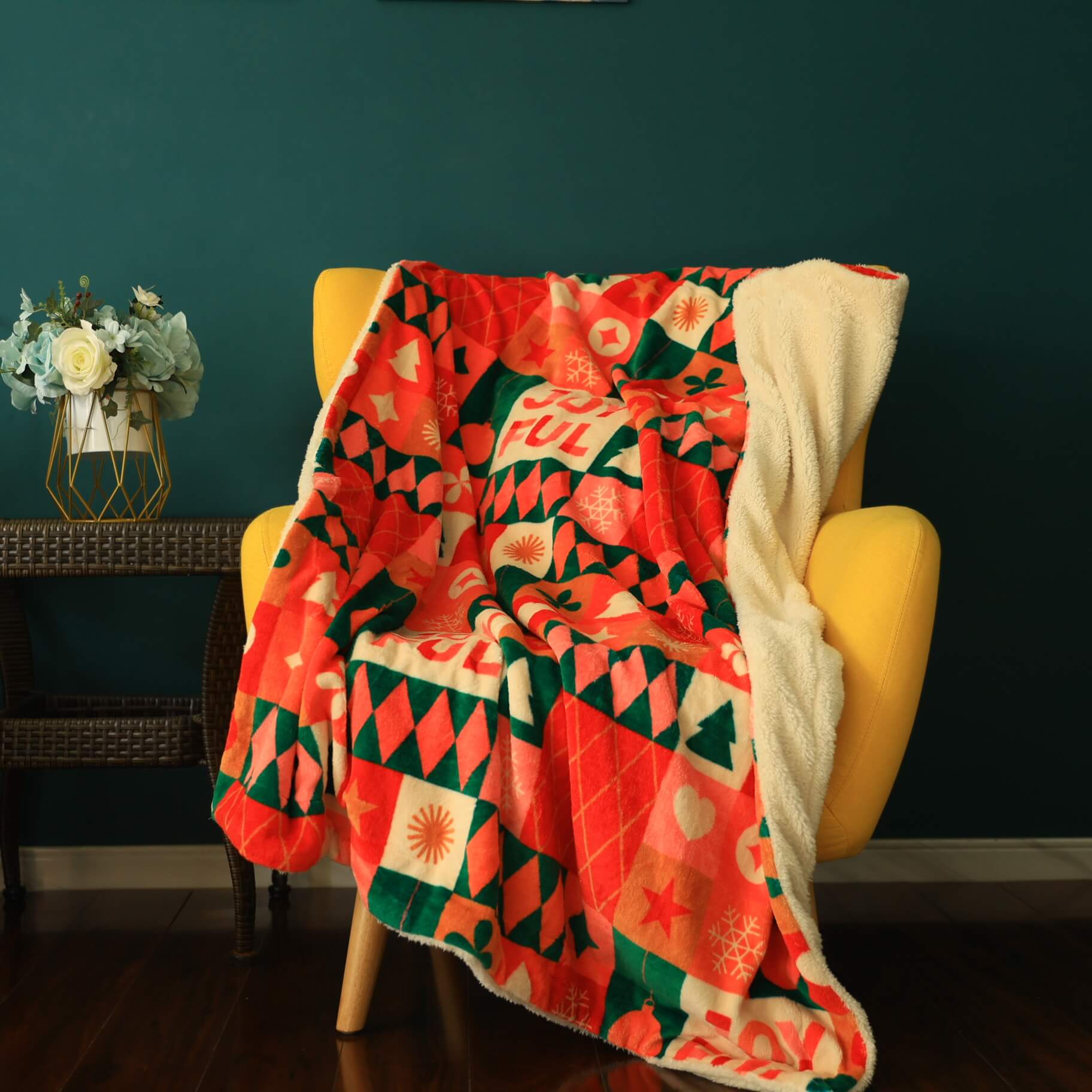 Embroidered fleece weighted sherpa throw blanket holiday joyful pattern