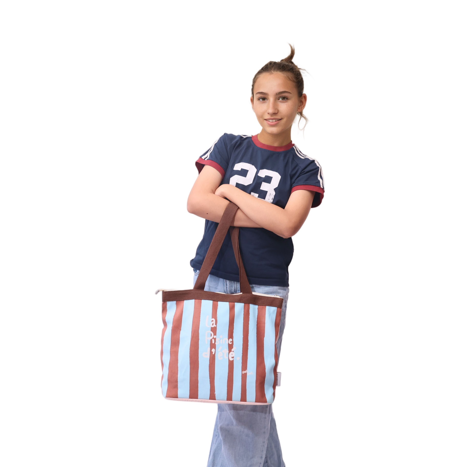 Custom striped tote bag la Piscine d'été lifestyle retail program