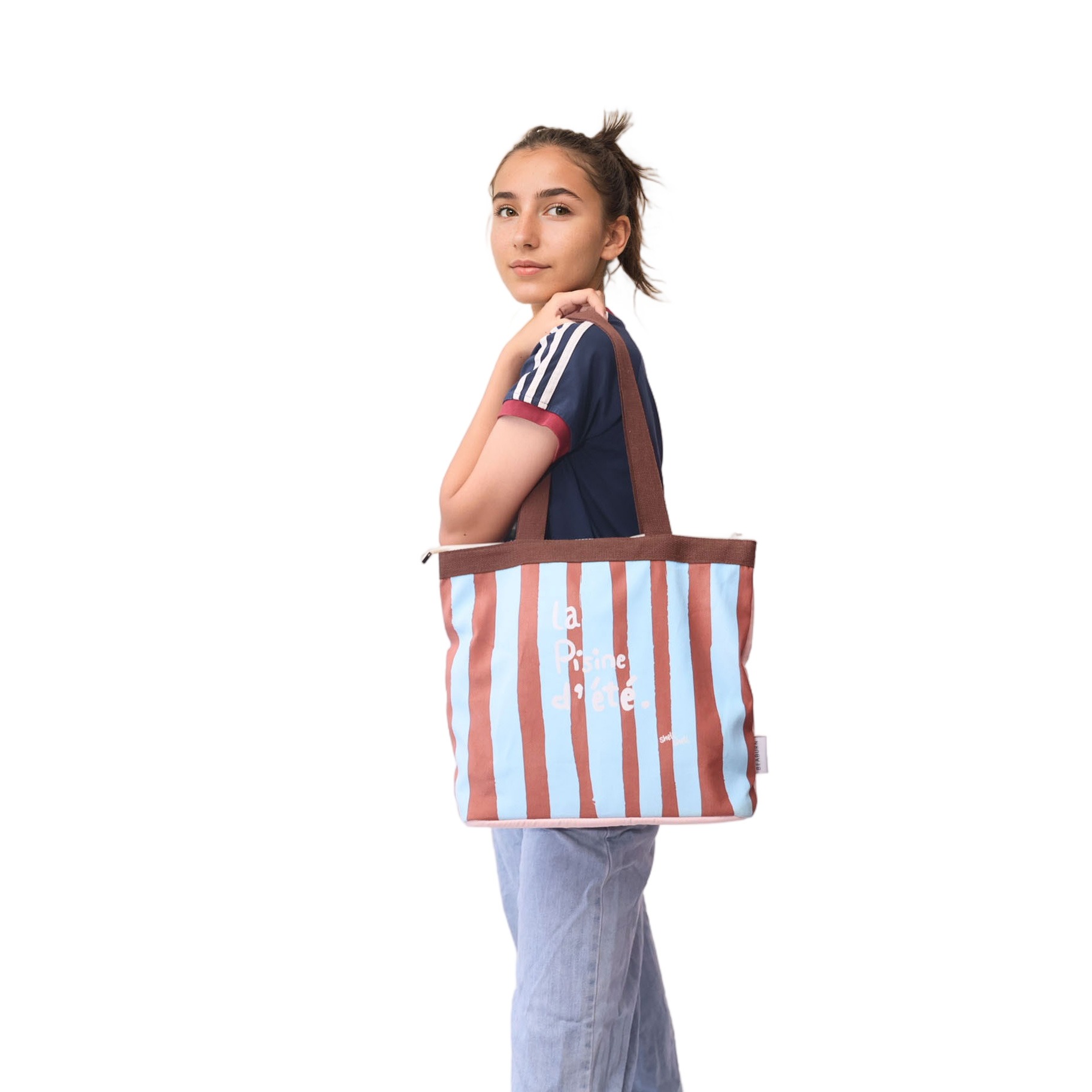 Custom striped tote bag lifestyle OEM sample for boutique brands