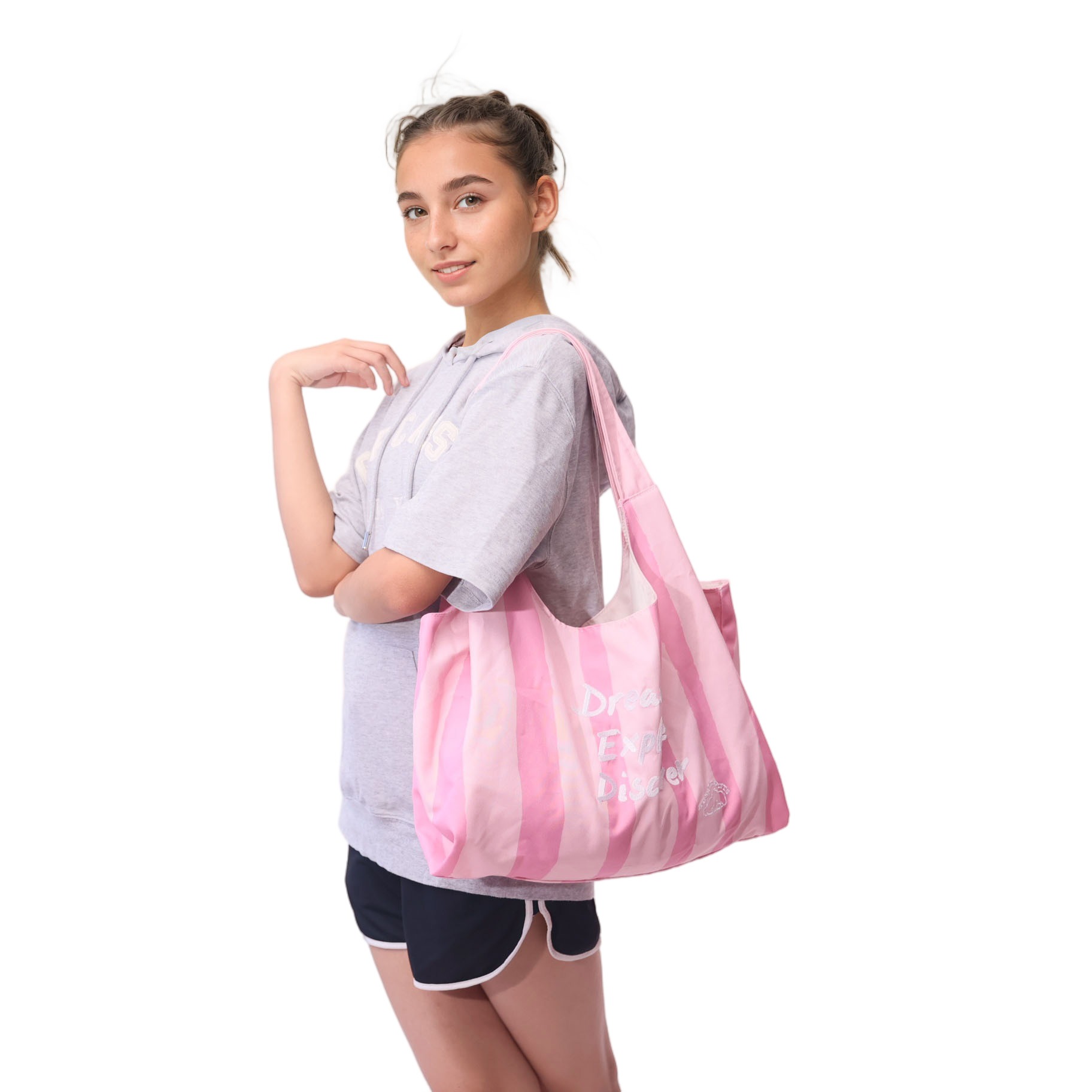 Custom pink Dream Explore Discover tote bag retail program