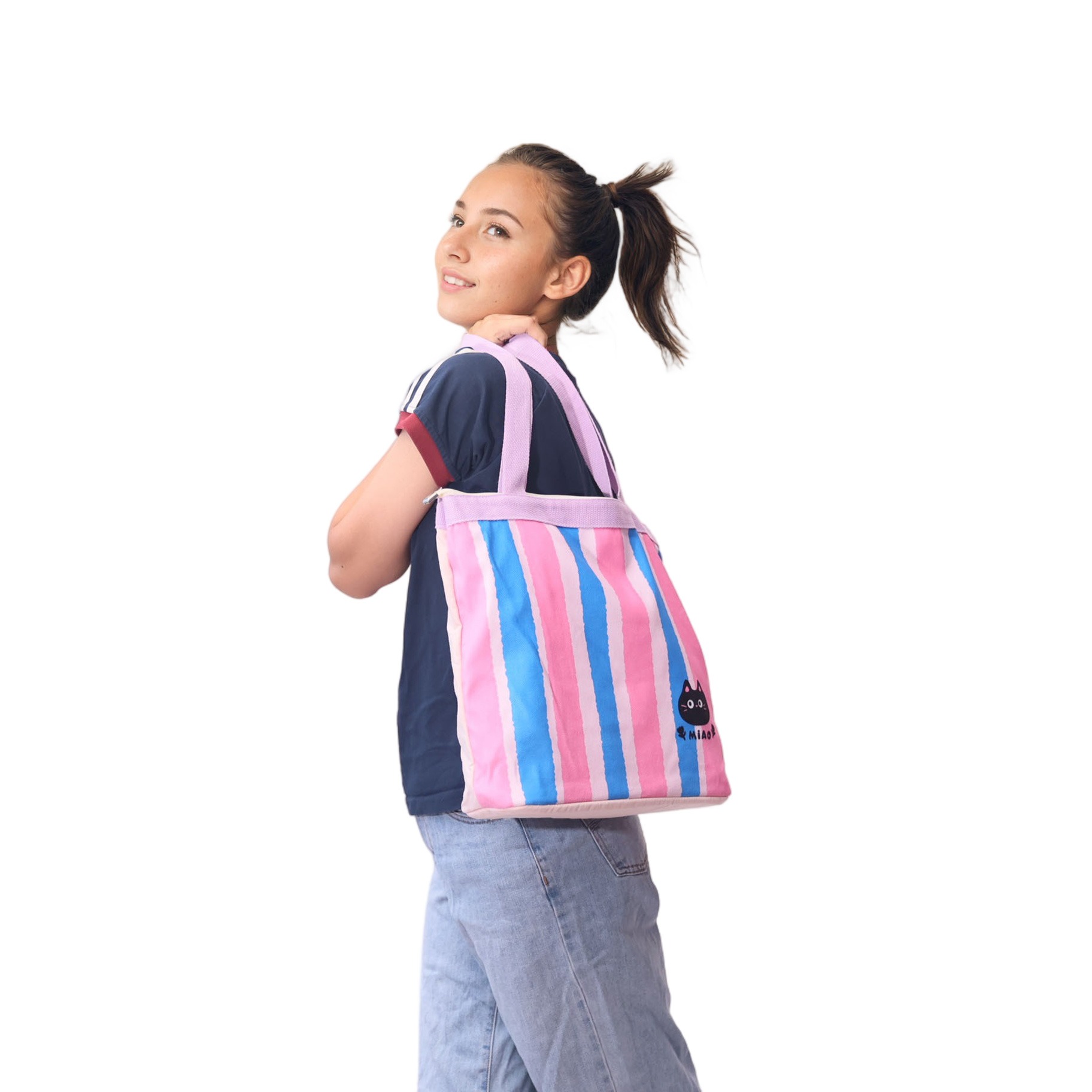 Custom pink blue striped MIAO tote bag kids retail program