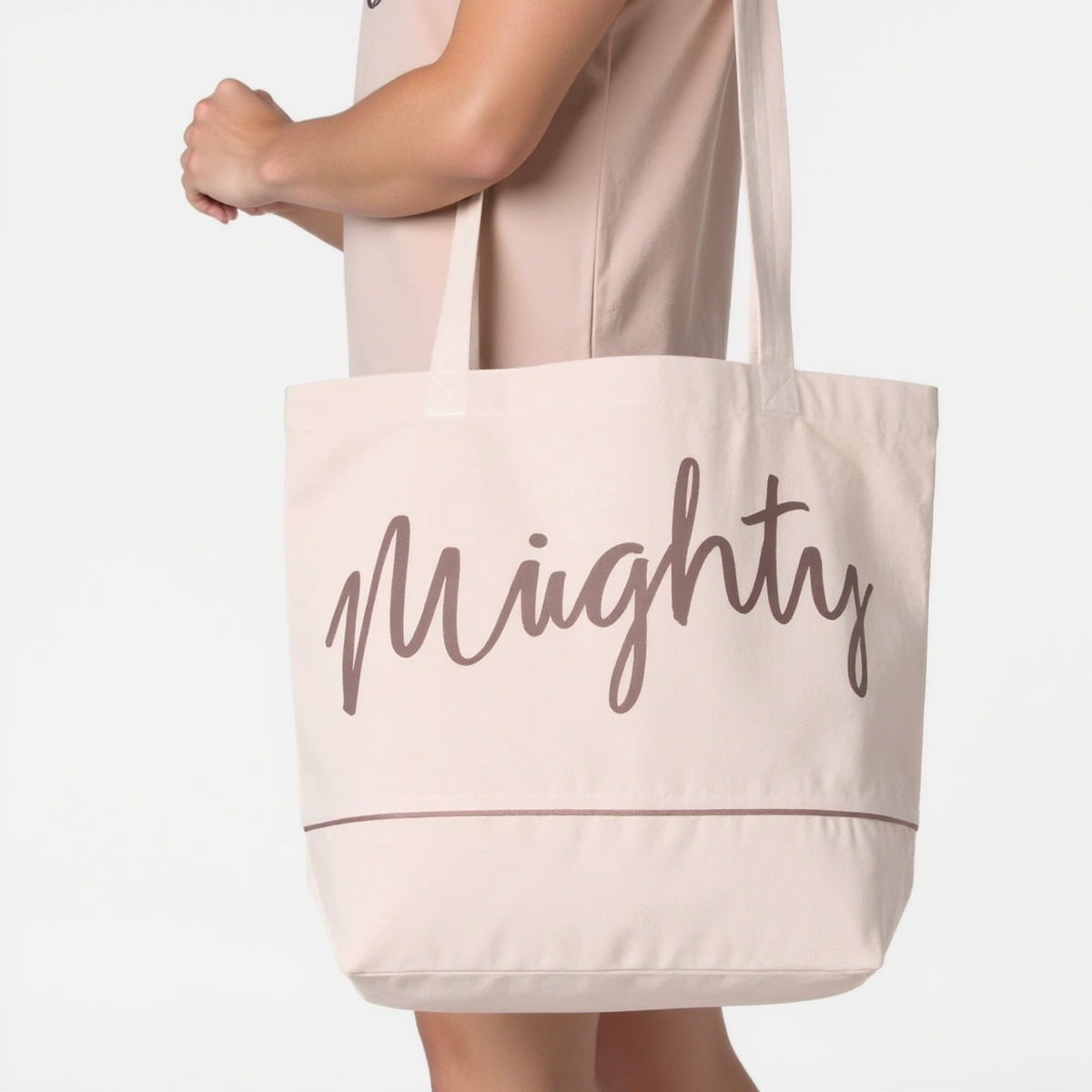Custom cream Mighty print tote bag embroidery-ready canvas