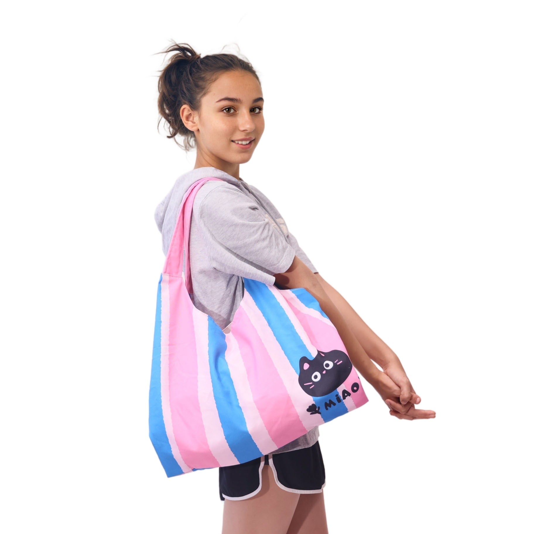 Custom pink blue MIAO cat print tote bag screen print sample