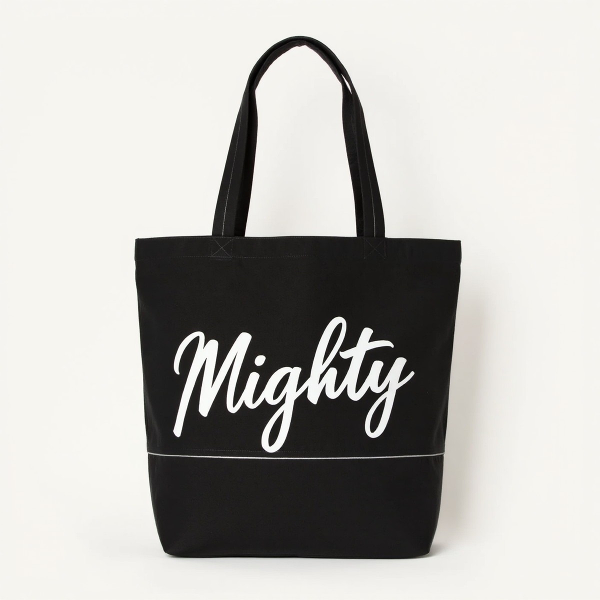 Custom black Mighty print tote bag front view wholesale